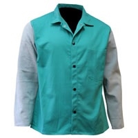 600-GR-CLSLV - Chicago Protective 30" Jacket 9 oz. Green FR Cotton body, Grey Split Leather Sleeves